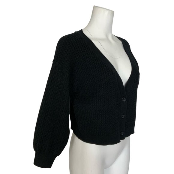 Alice + Olivia Zelina Deep V Cardigan Sweater M Black Cropped Cable Knit - Picture 4 of 12